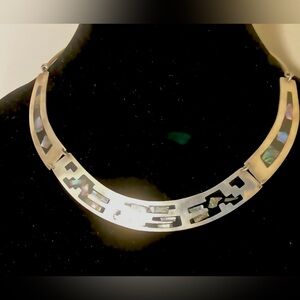 Mexican Alpaca Necklace, vintage handmade silver tone 18" abalone choker